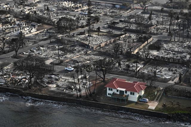 Una imagen aérea muestra una casa con techo rojo que sobrevivió a los incendios rodeada de casas destruidas y edificios quemados hasta los cimientos en la histórica Lahaina después de los incendios forestales en el oeste de Maui.