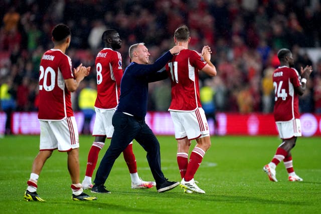 Steve Cooper celebrates with Nottingham Forest match-winner Chris Wood (Nick Potts/PA)