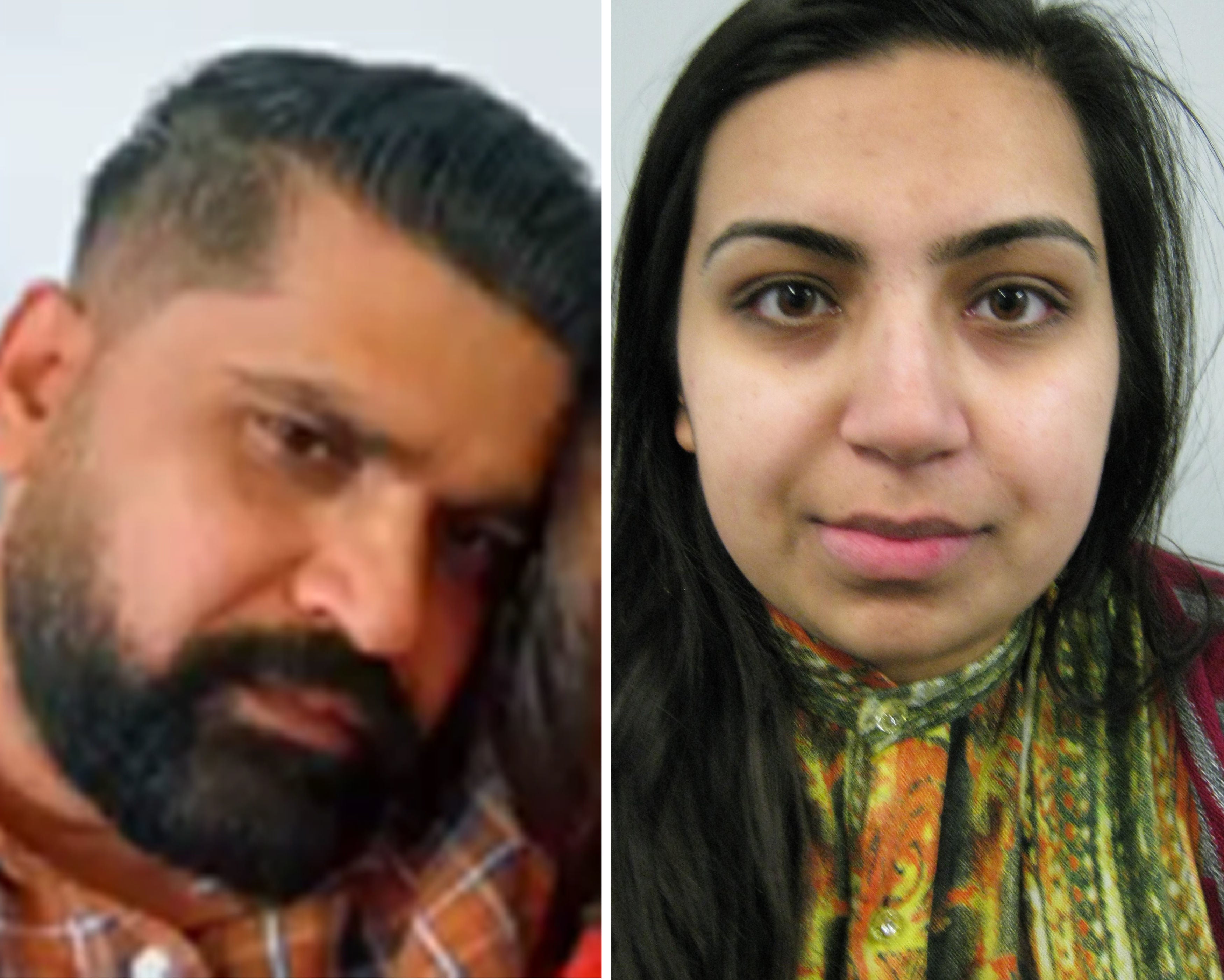 Her father Urfan Sharif (left) and his partner Beinash Batool (right) are being sought by Surrey Police