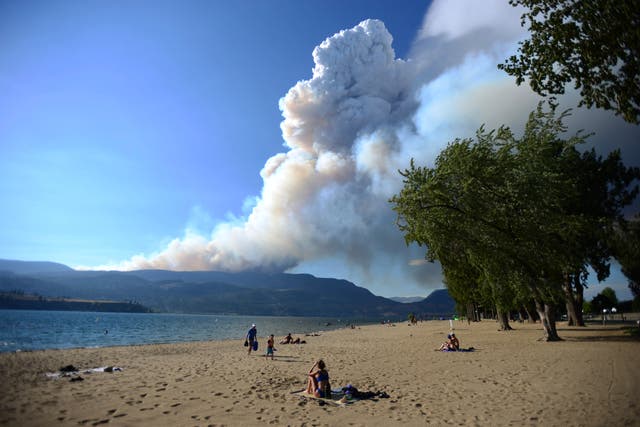 <p>Smoke from the McDougall Creek fire is seen over Okanagan Lake from Kelowna, British Columbia, on Thursday, 17 August 2023</p>