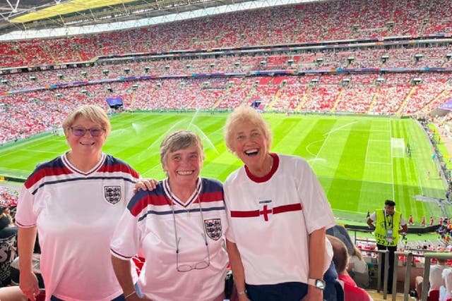 Mary Blake (centre) with friends Wendy Hooton and Corinne Abrahams at the Euro 22 final (Women’s Royal Army Corps Association/PA)