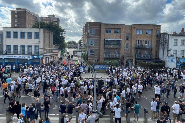 Tottenham fans protest ahead of the Manchester United match over the decision to increase matchday ticket prices for this season (George Sessions/PA)