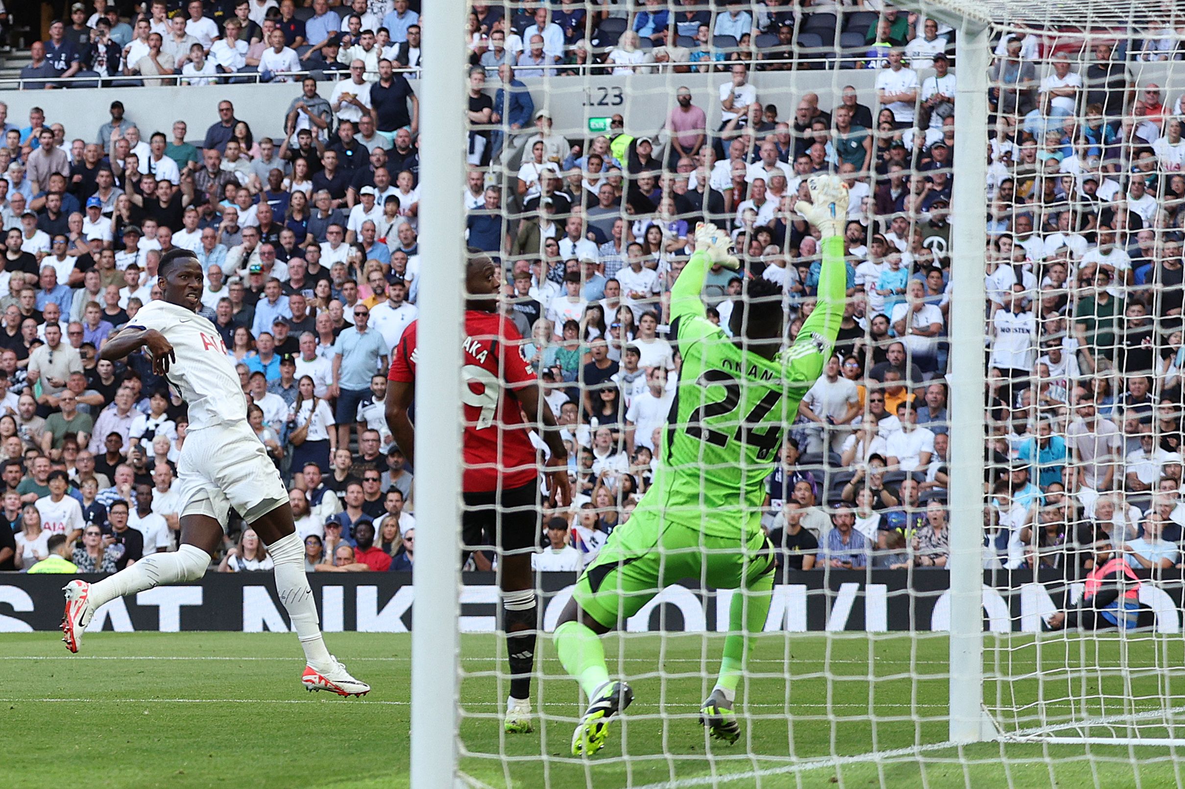 <p>Pape Sarr scores Tottenham’s opening goal</p>