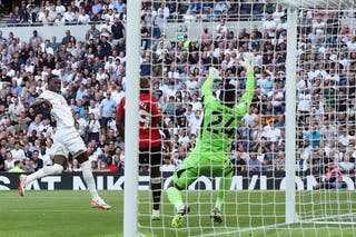 Pape Sarr scores Tottenham’s opening goal</p>
<p>» width=»2418″ height=»1612″ /></p>
<p>Tottenham beat Manchester United 2-0 with an impressive display in their first home game under new manager Ange Postecoglou.</p>
<p>An entertaining first half ended goalless but Spurs came out quickly in the second and took the lead through midfielder Pape Sarr, who pounced on a deflected cross to fire into the roof of the net from close range. Later a flowing move found substitute Ben Davies arriving in the box, whose shot was diverted in by United defender Lisandro Martinez.</p>
<p>It capped the perfect start to Postecoglou’s reign at home, while for Erik ten Hag the game suggested there are plenty of problems to solve before the transfer market shuts in 10 days’ time.</p>
<div style=