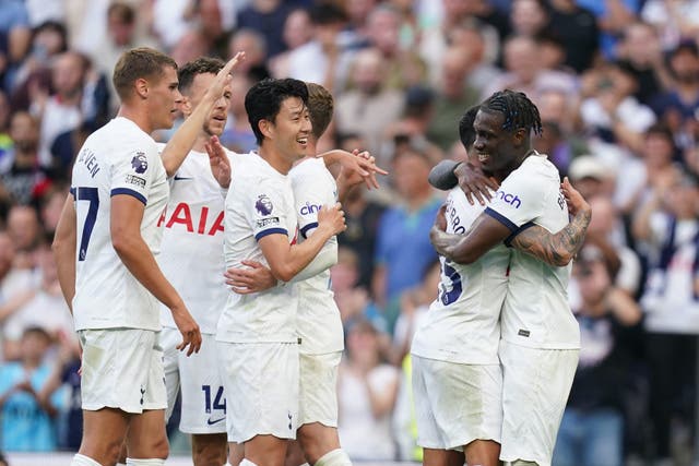 Tottenham Hotspur’s Son Heung-min (centre) celebrates with teammates after their side’s second goal of the game during the Premier League match at the Tottenham Hotspur Stadium, London. Picture date: Saturday August 19, 2023.