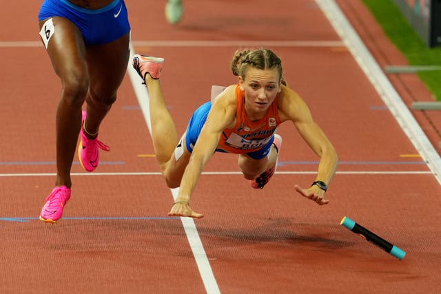 <p>Femke Bol fell over at the end of the 4x400 mixed relay to miss out on a medal </p>