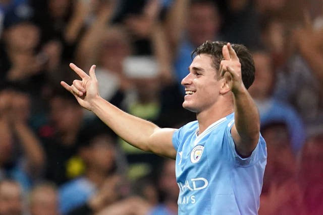 Manchester City’s Julian Alvarez celebrates his winning goal against Newcastle (Nick Potts/PA)