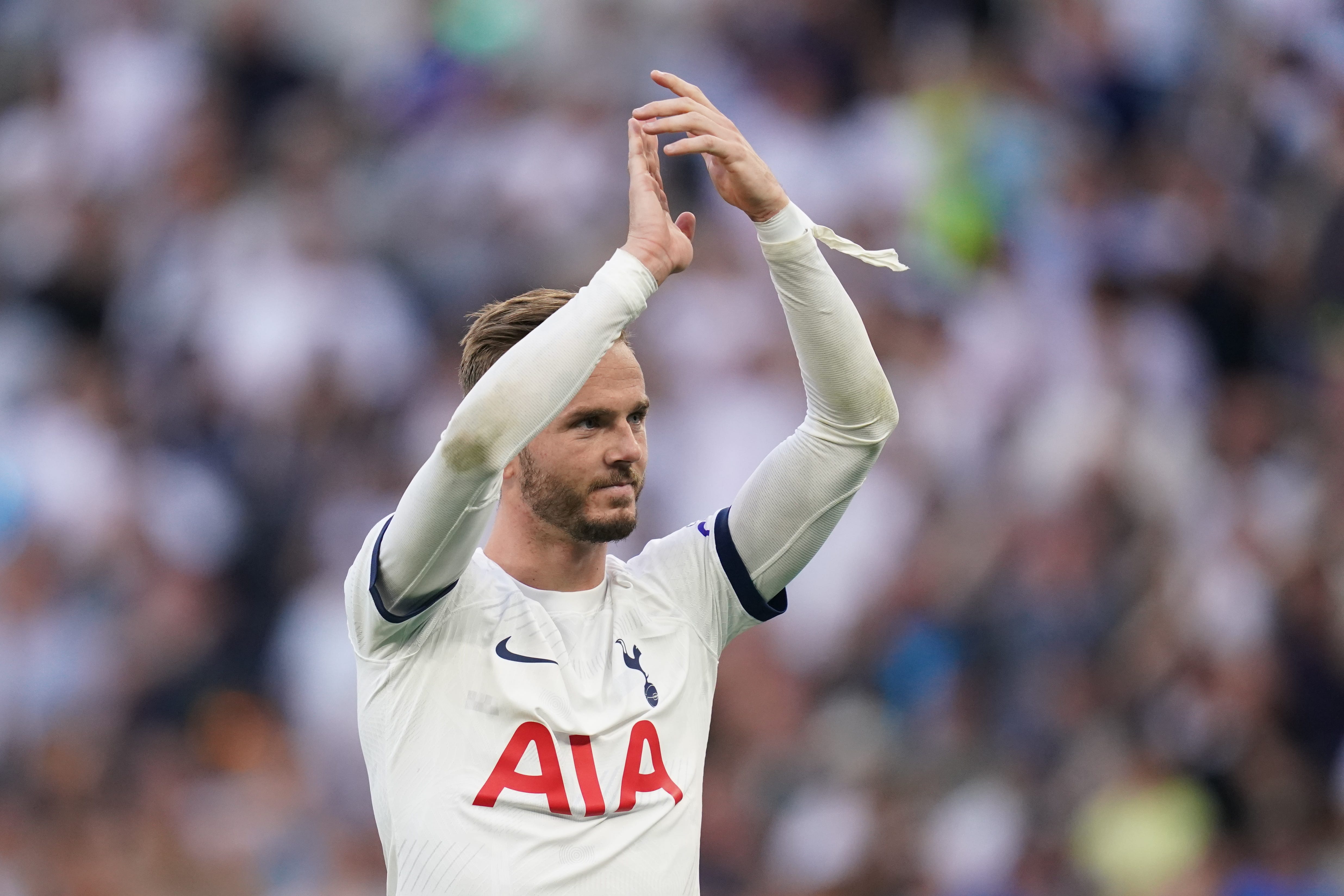 James Maddison was spotted leaving the stadium on crutches and in a protective boot (John Walton/PA)