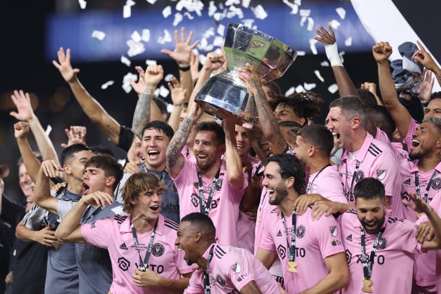 <p>Lionel Messi hoist the  Leagues Cup trophy with his Inter Miami teammates after defeating the Nashville SC in Nashville, Tennessee </p>