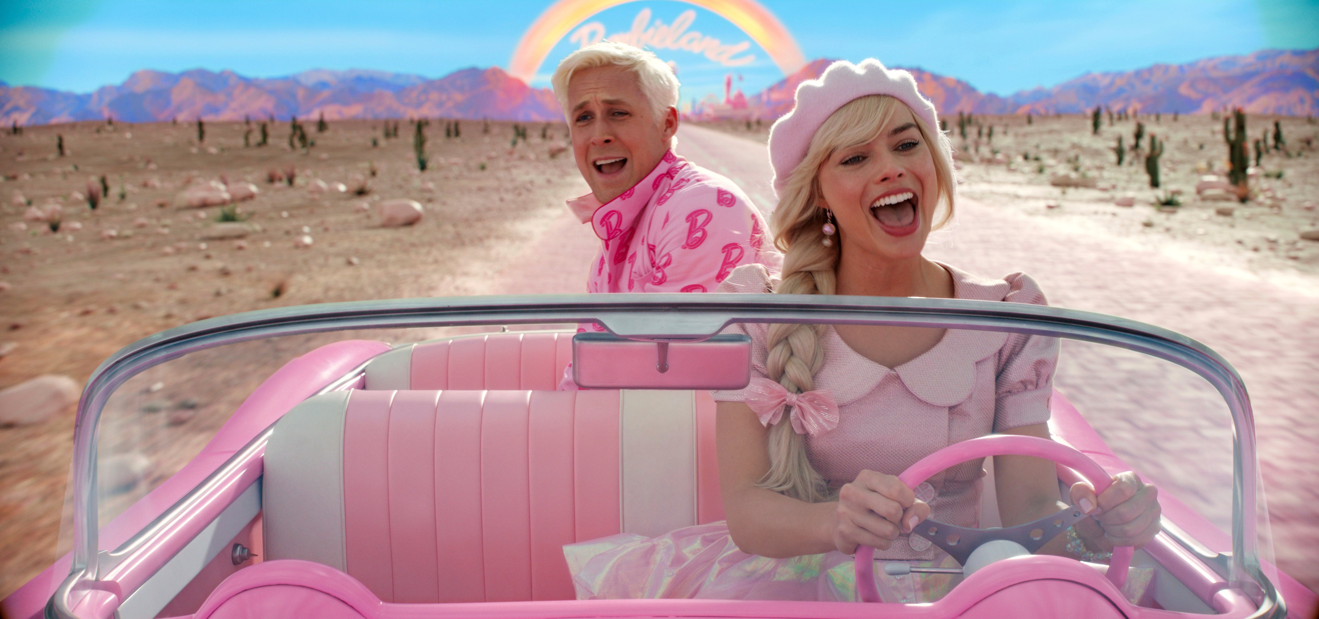 Women at the wheel: Ryan Gosling as Ken and Margot Robbie as Barbie