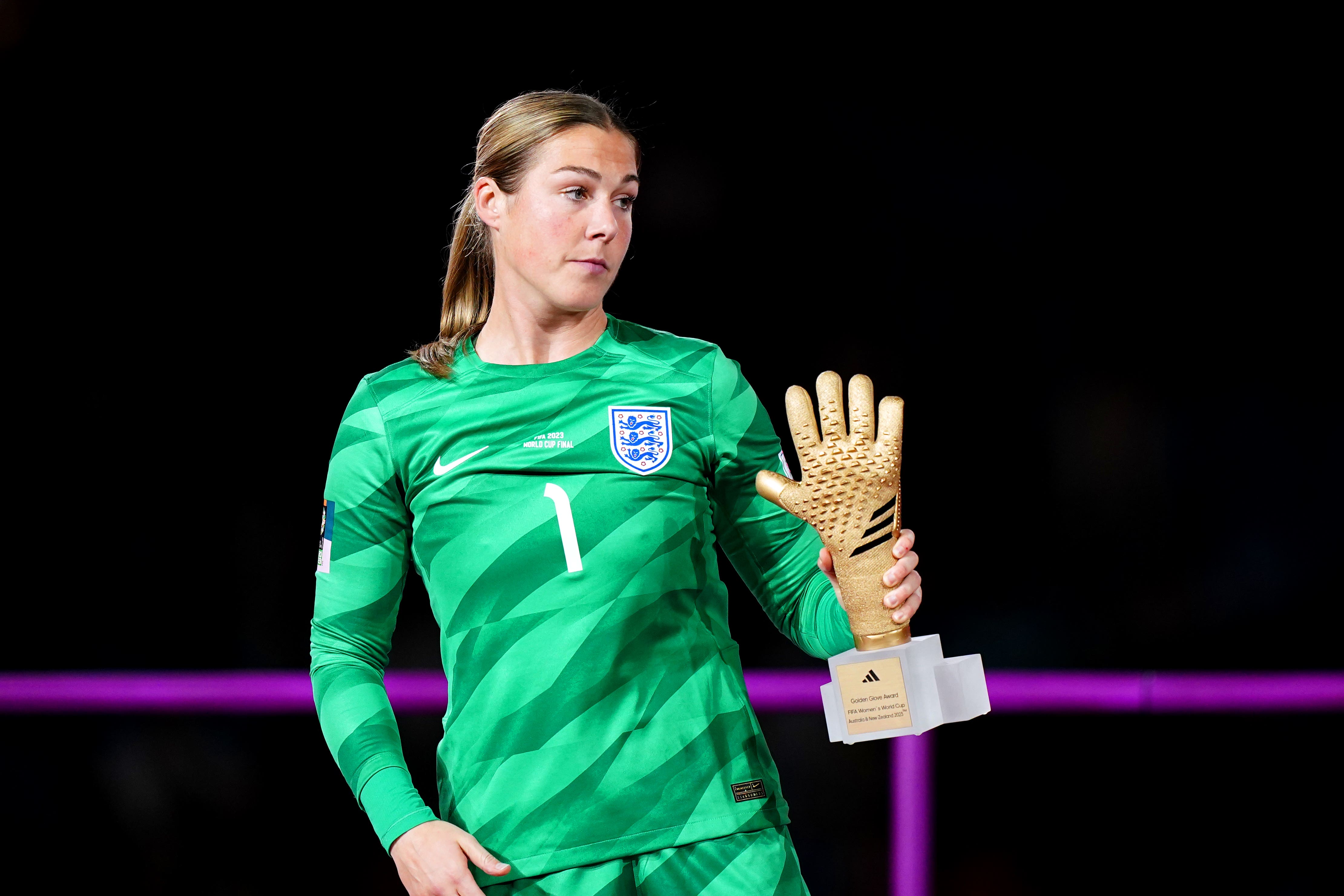 England goalkeeper Mary Earps collects her Golden Glove award (Zac Goodwin/PA)