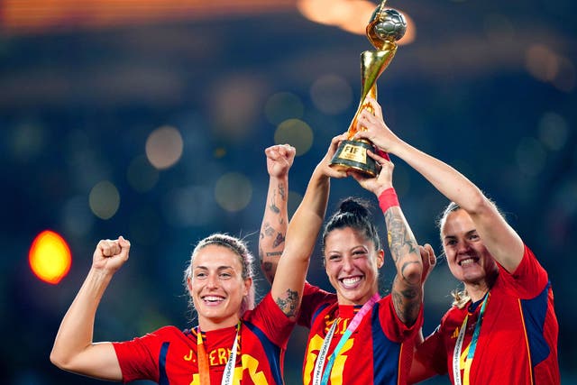 <p>Spain's Alexia Putellas (left), Jennifer Hermoso and Irene Paredes celebrate after winning the World Cup in Sydney </p>