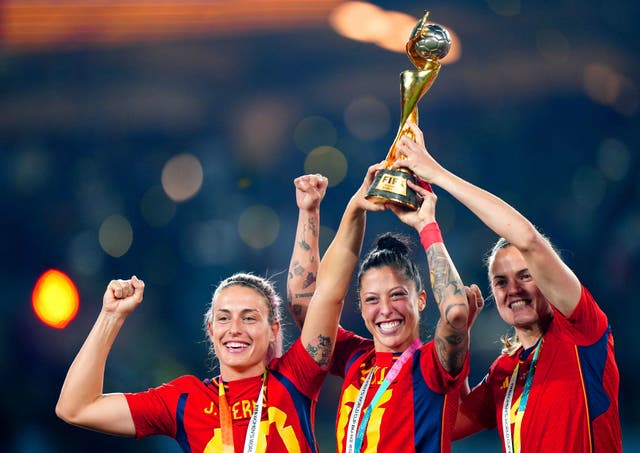 <p>Spain's Alexia Putellas (left), Jennifer Hermoso and Irene Paredes celebrate after winning the World Cup in Sydney </p>