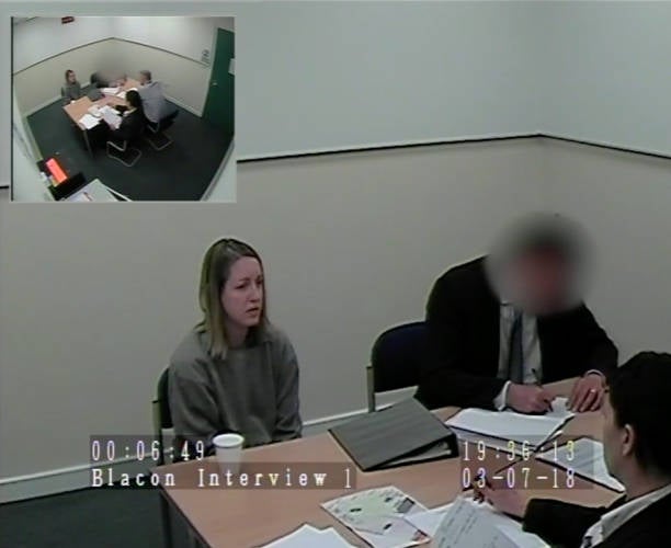In this frame from a video provided by Cheshire Constabulary, Lucy Letby is questioned following her arrest on 3 July 2018 in Chester, England