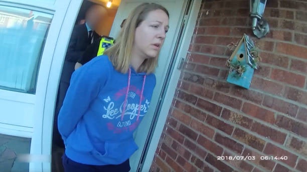 <p>In this frame from a police body-camera video provided by Cheshire Constabulary, Lucy Letby is arrested on 3 July 2018 in Chester, England</p>
