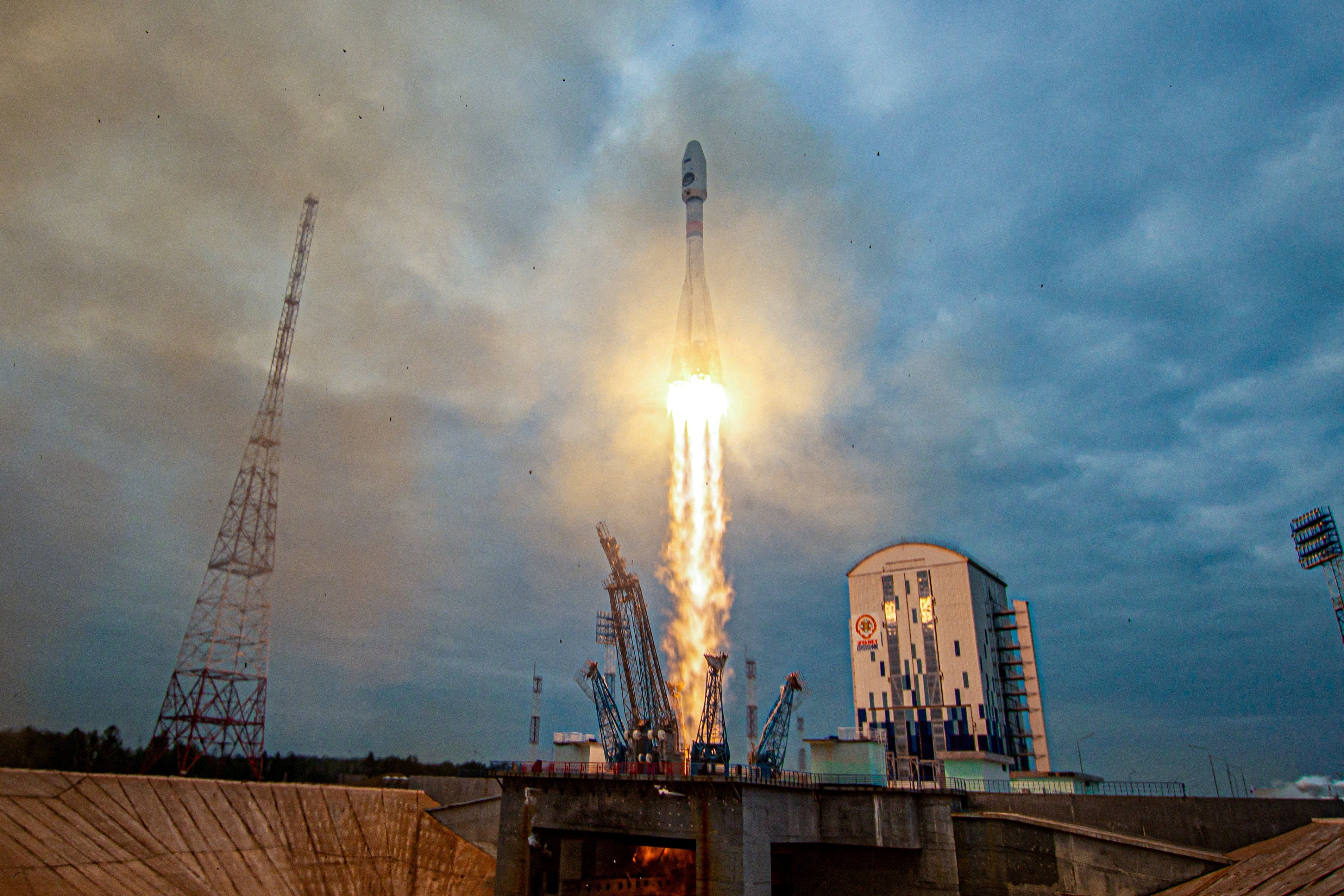 A Soyuz-2.1b rocket booster with a Fregat upper stage and the lunar landing spacecraft Luna-25 blasts off from a launchpad at the Vostochny Cosmodrome in the far eastern Amur region, Russia