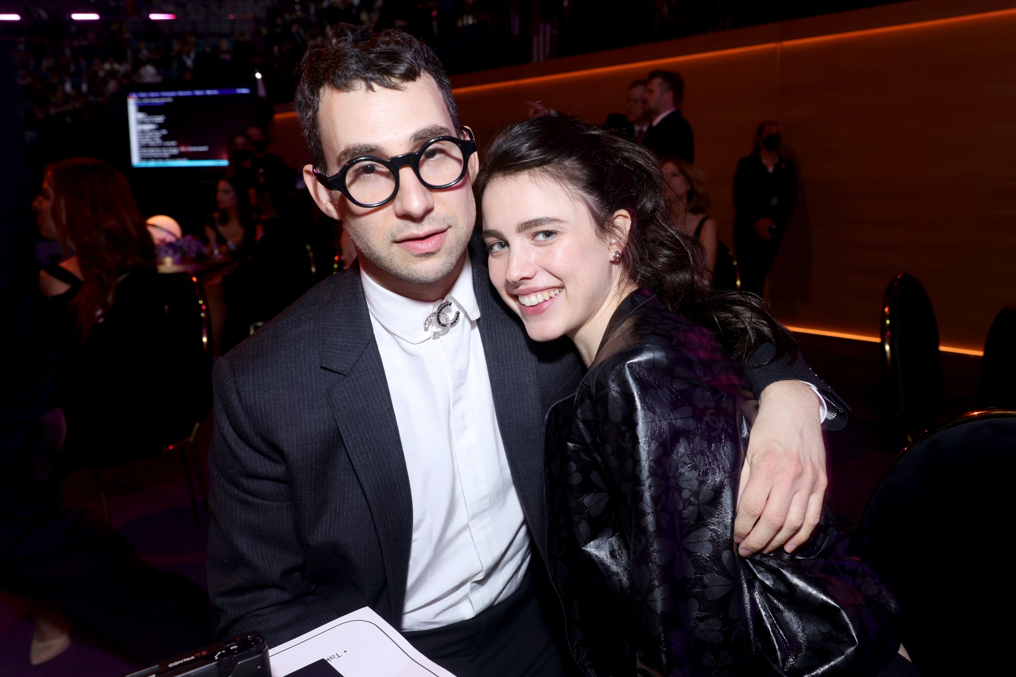 Jack Antonoff and Margaret Qualley attend the 64th Annual GRAMMY Awards at MGM Grand Garden Arena on April 03, 2022