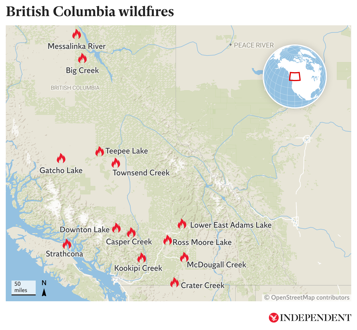 A map of the wildfires currently raging in British Columbia, Canada