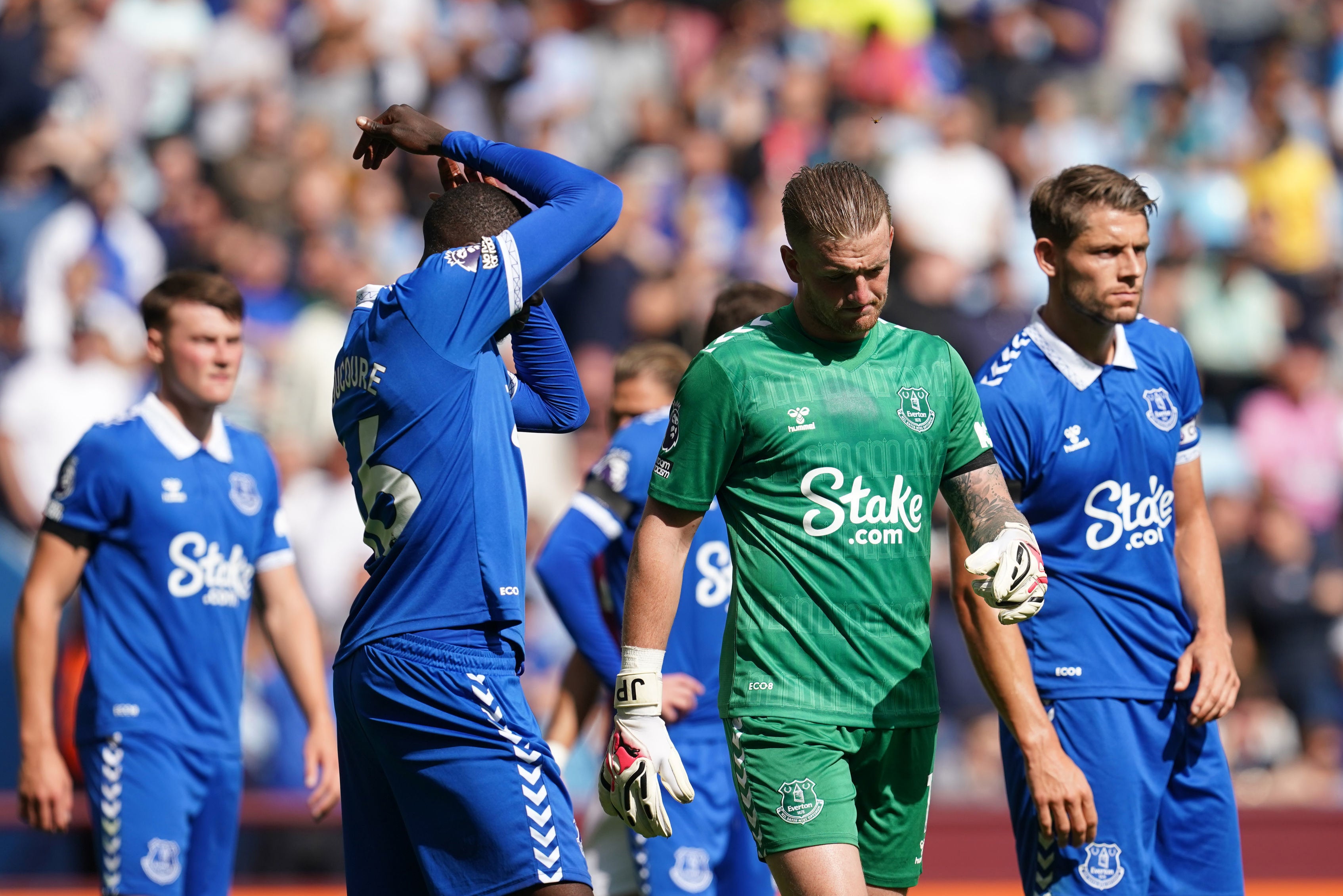 Everton players react to their thrashing at Aston Villa on Sunday