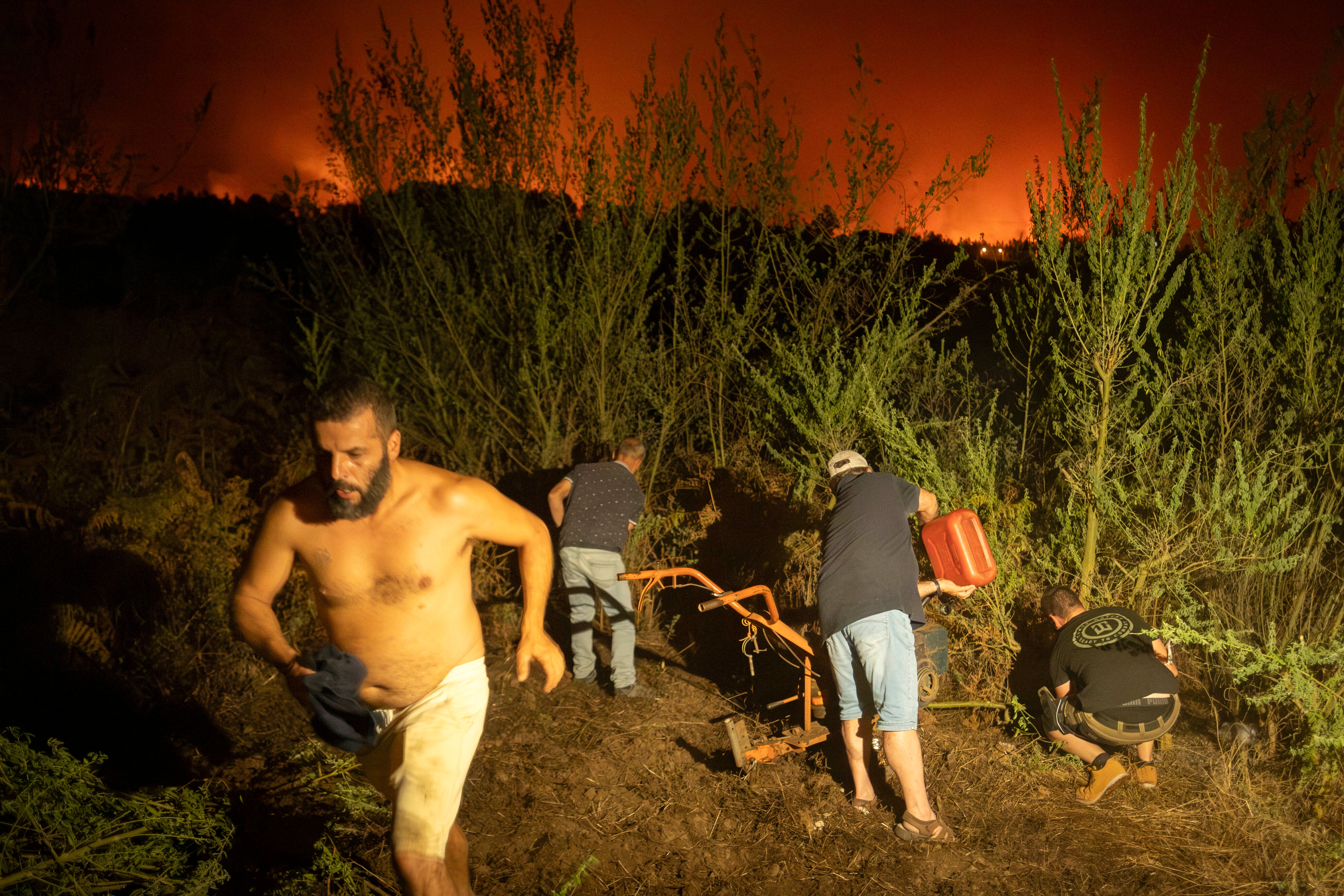 Local residents try to clean the forest to prevent it from flames as fire advances in La Orotava in Tenerife on Saturday