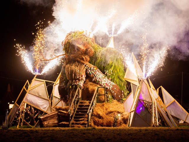 <p>The wicker man catches light in a barrage of fireworks on the final day of Green Man festival 2023 </p>