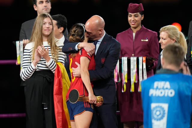 Luis Rubiales, centre, has apologised for his behaviour at Sunday’s World Cup final (Alessandra Tarantino/AP)