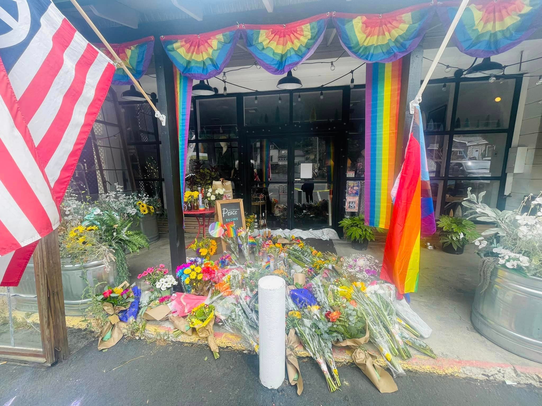 Mourners left flowers outside Laura Carleton’s Mag.Pi store in Lake Arrowhead, California, after she was shot dead on Friday