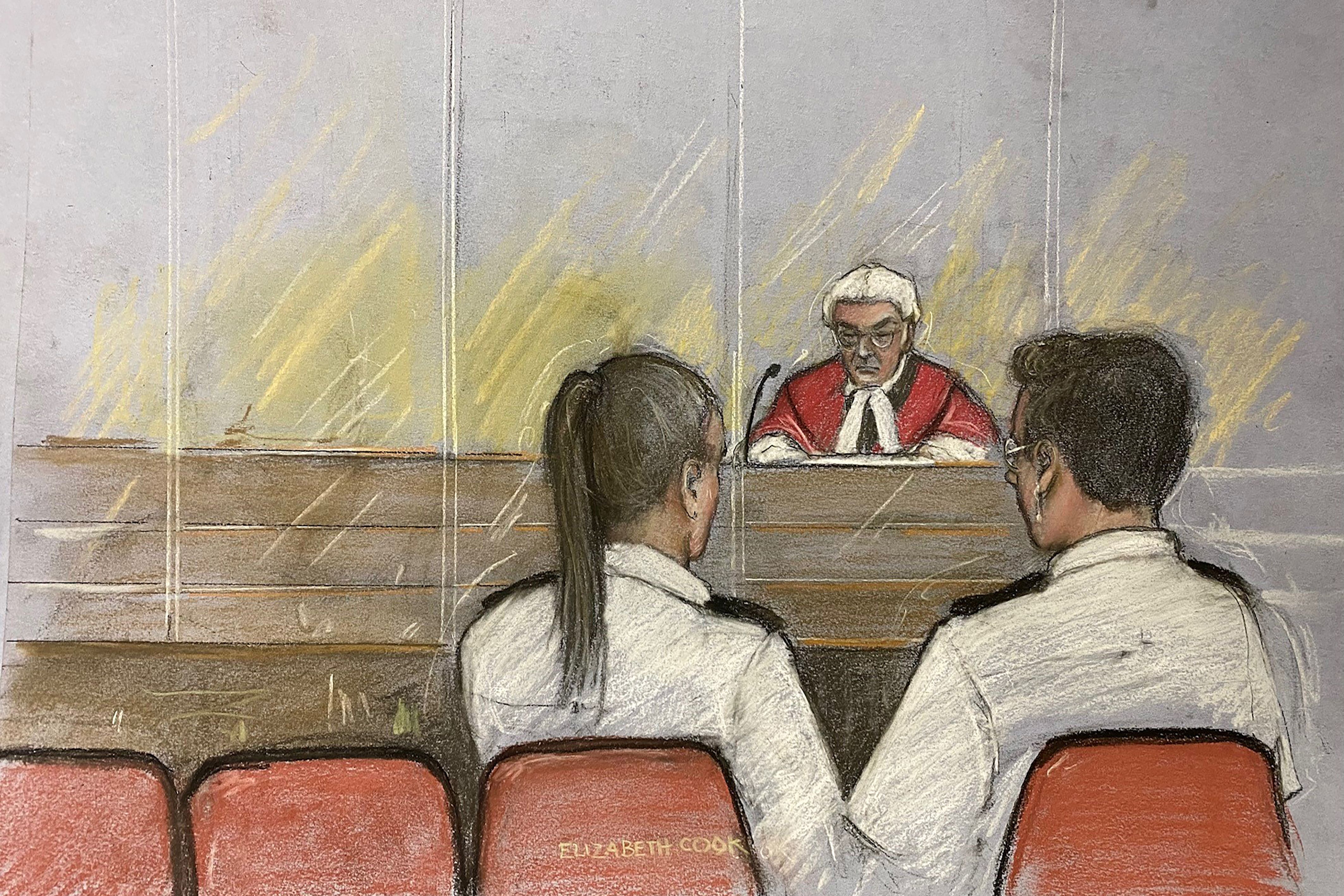 Court artist drawing of the judge addressing empty seats in the dock during the sentencing of Lucy Letby, who refused to attend (Elizabeth Cook/PA)