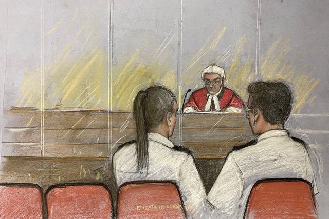 Court artist drawing of the judge addressing empty seats in the dock during the sentencing of Lucy Letby, who refused to attend (Elizabeth Cook/PA)