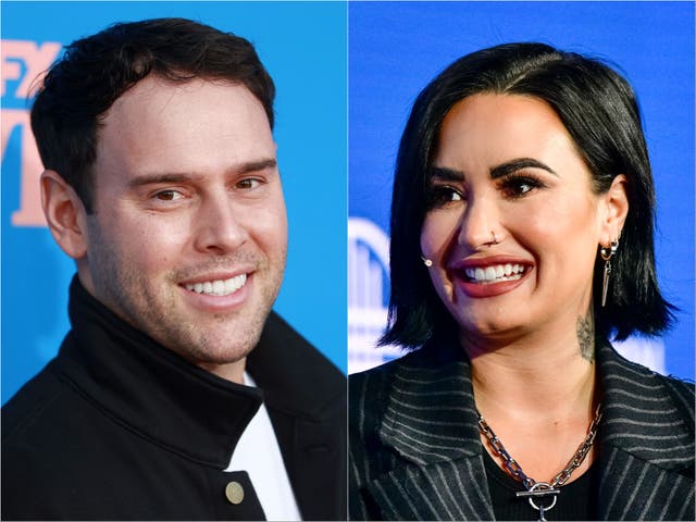 <p>Scooter Braun (left) and Demi Lovato</p>