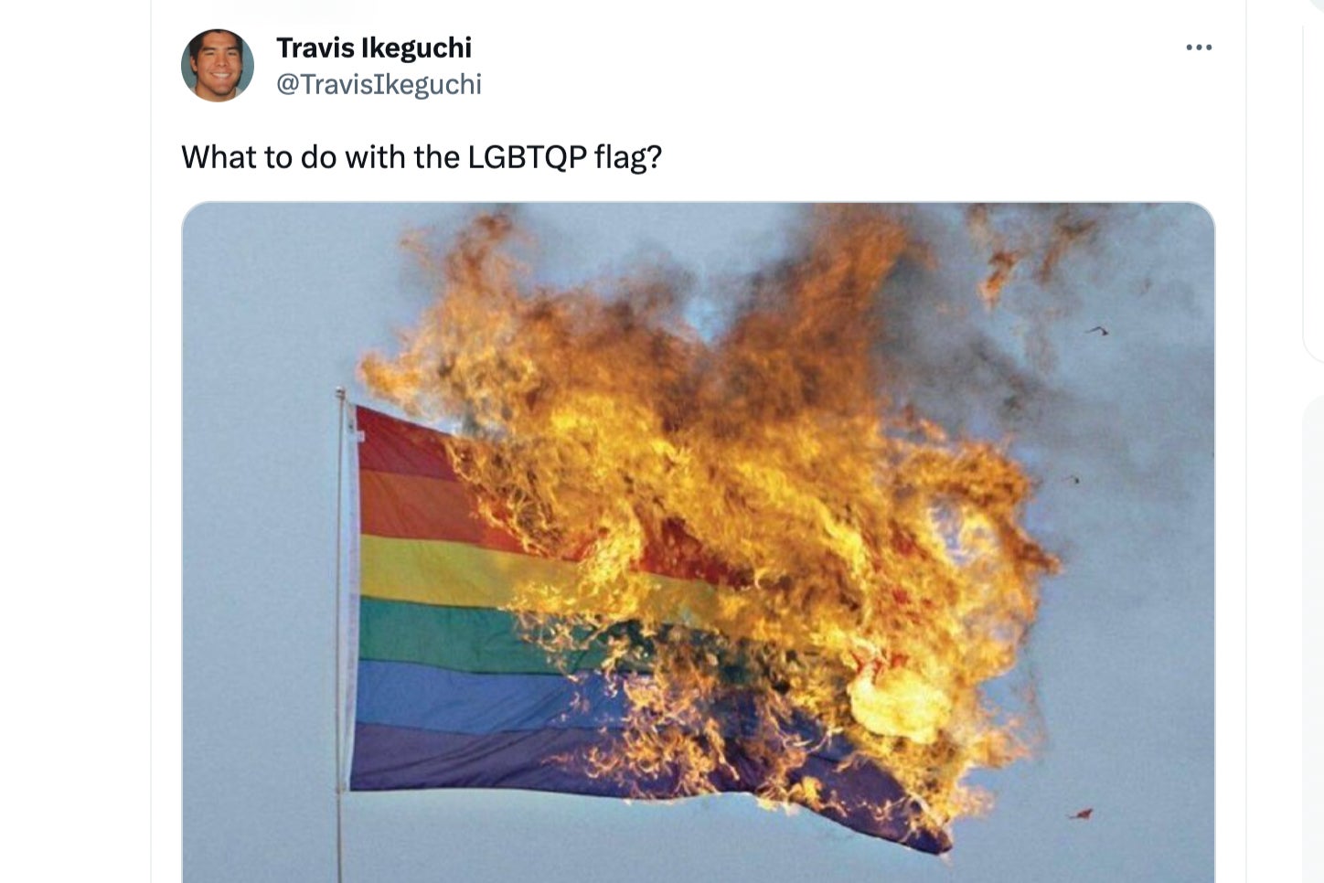Burning Pride flag seen on Travis Ikeguchi’s X / Twitter account