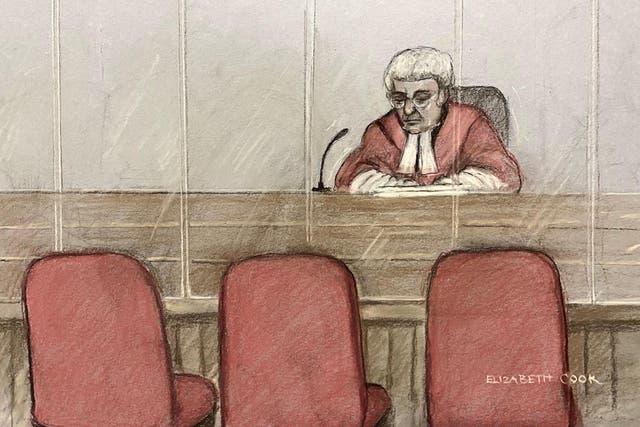 Court artist by Elizabeth Cook of empty chairs in court after nurse Lucy Letby refused to attend (PA)