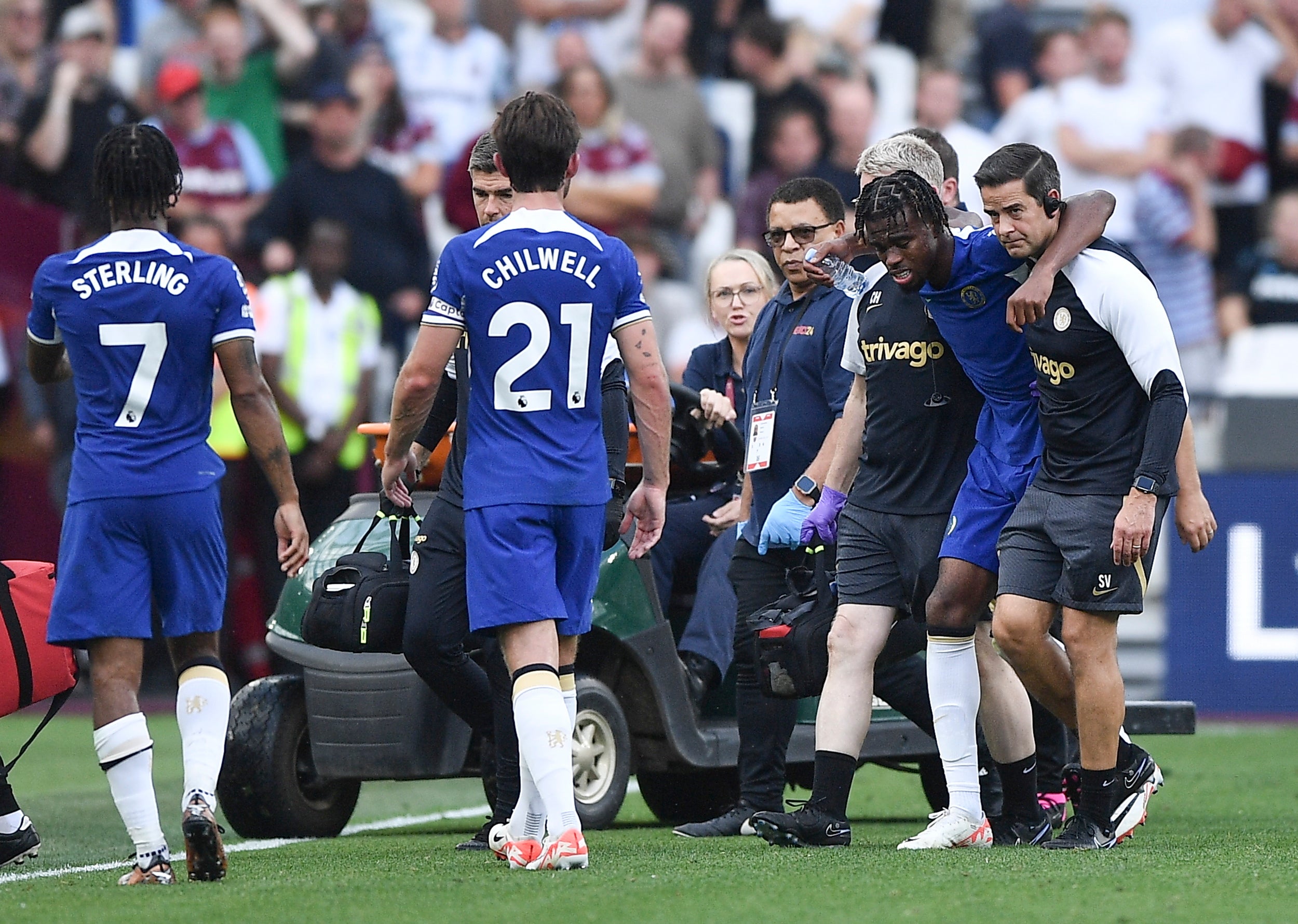 Carney Chukwuemeka hobbles off after injuring his knee at West Ham
