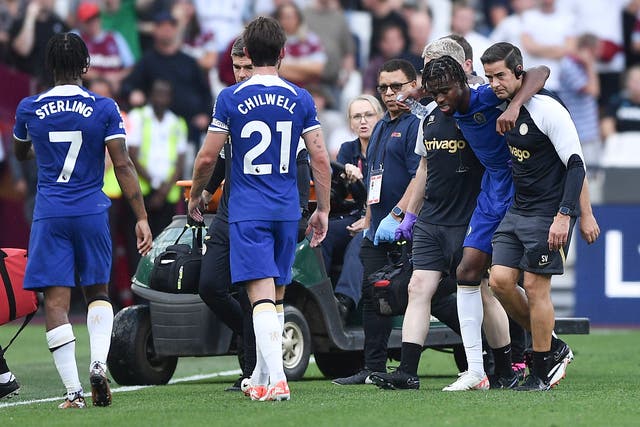 <p>Carney Chukwuemeka hobbles off after injuring his knee at West Ham</p>