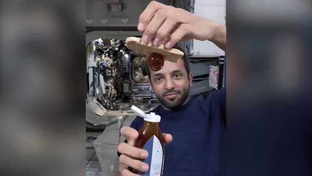 <p>Astronaut Sultan AlNeyadi shows how honey forms in zero gravity in space. </p>