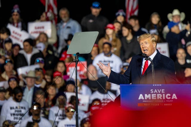 <p>Former President Donald Trump speaks during the ‘Save America’ rally at the Montgomery County Fairgrounds on 29 January 2022 in Conroe, Texas. Trump’s visit was his first Texas MAGA rally since 2019</p>
