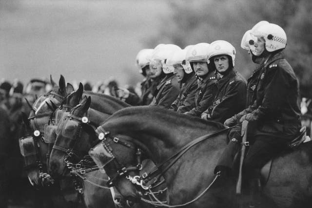 <p>Mounted riot police at the miners' demonstration at Orgreave colliery, Yorkshire, where miners picketed the mine, 2nd June 1984. Soon afterwards, the 'Battle of Orgreave' took place</p>