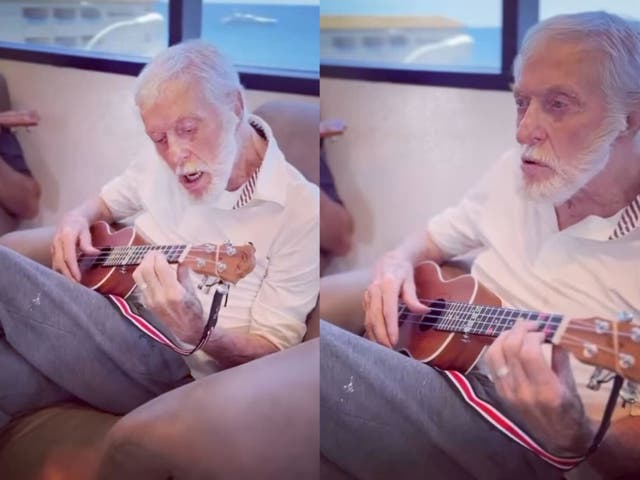 <p>Dick Van Dyke shows the new skills he is learning as he takes his first ukelele lesson</p>