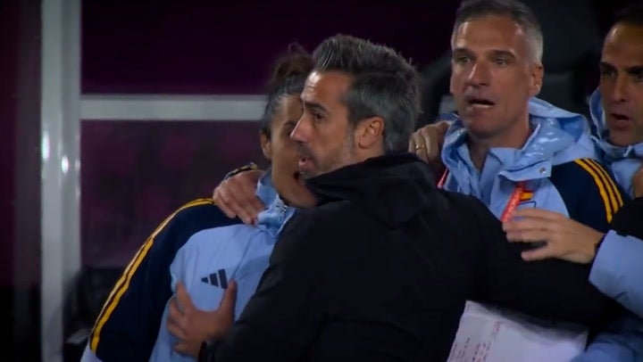 <p>Spanish coach Jorge Vilda appears to touch a female coach’s chest during the World Cup final celebrations.</p>