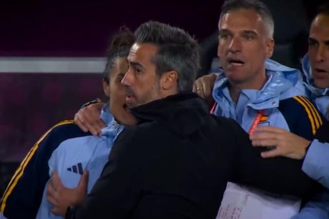 <p>Spanish coach Jorge Vilda appears to touch a female coach’s chest during the World Cup final celebrations.</p>