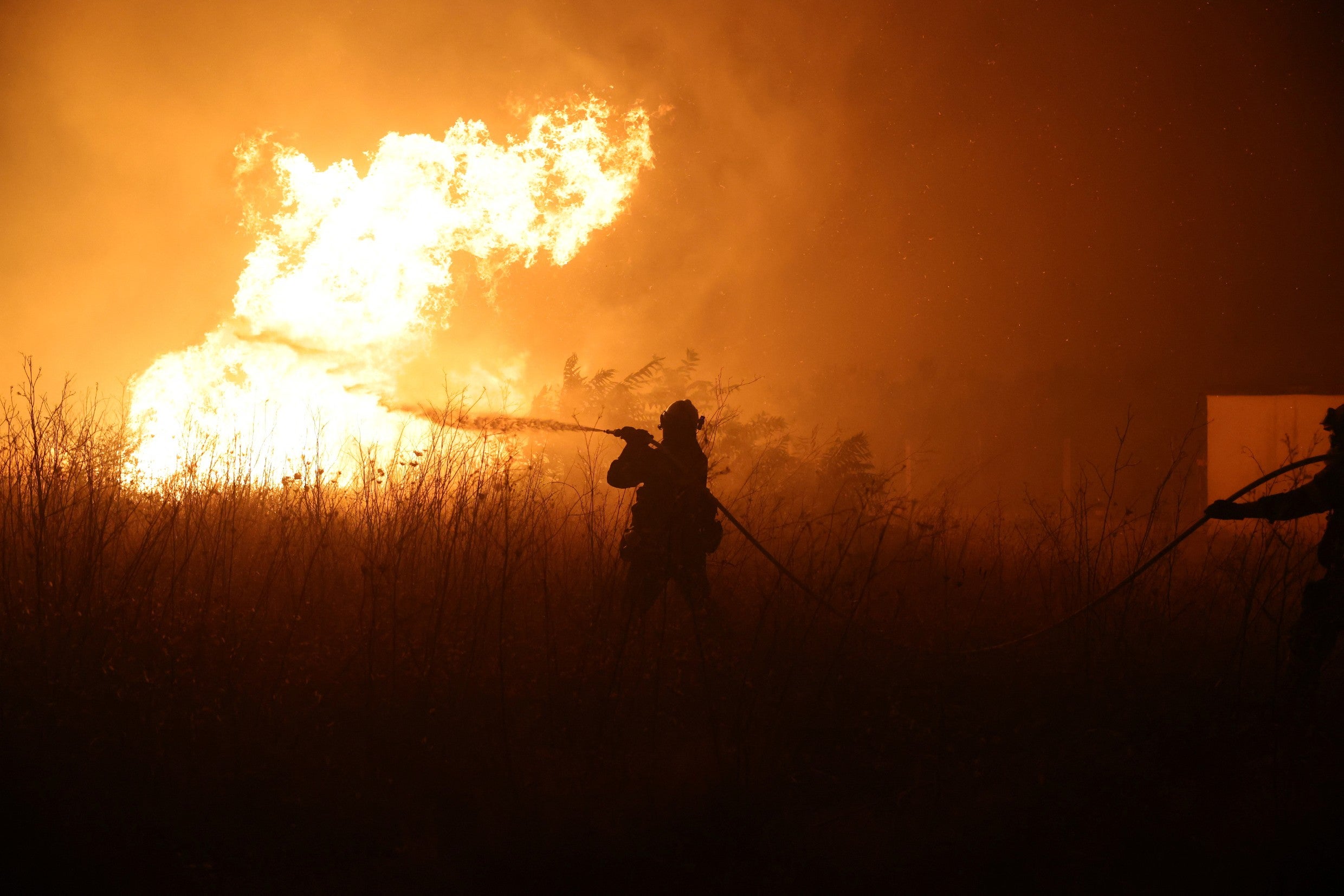 A firefighter tries to extinguish a wildfire burning in the region of Evros, Greece
