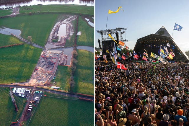<p>Left: Archaeologists working at Stainton West near Carlisle. Right: Glastonbury Festival  </p>