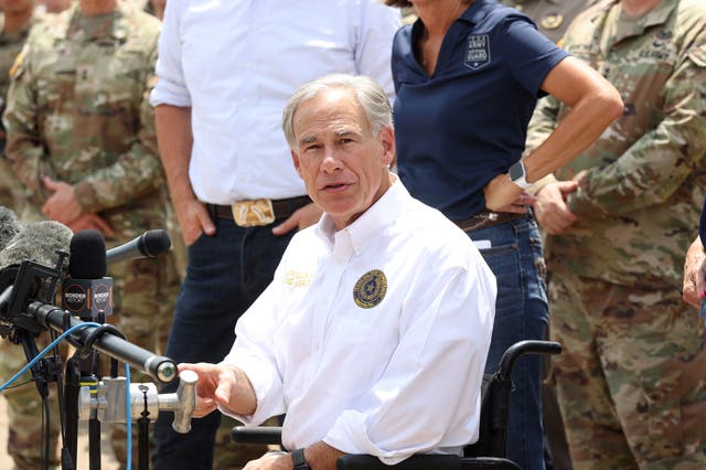 <p>Texas Governor Greg Abbott speaks during a press conference at Shelby Park in Eagle Pass, Texas, USA, 21 August 2023</p>