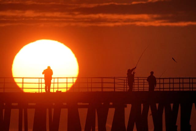 Fishermen land mackerel as the sun rises behind Blyth pier in Northumberland (Owen Humphreys/PA)