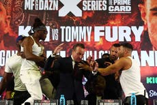 KSI vs Tommy Fury press conference features flipped tables and thrown cake as Logan Paul and Dillon Danis get heated