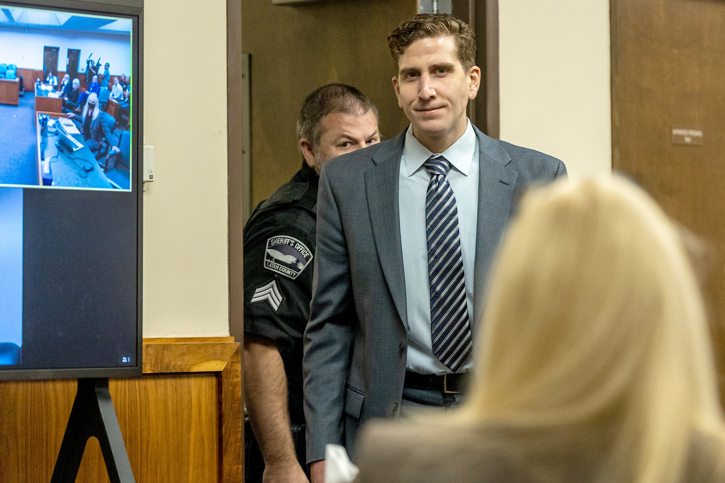 Bryan Kohberger enters the courtroom for a hearing, Friday, Aug. 18, 2023, at the Latah County Courthouse in Moscow., Idaho.
