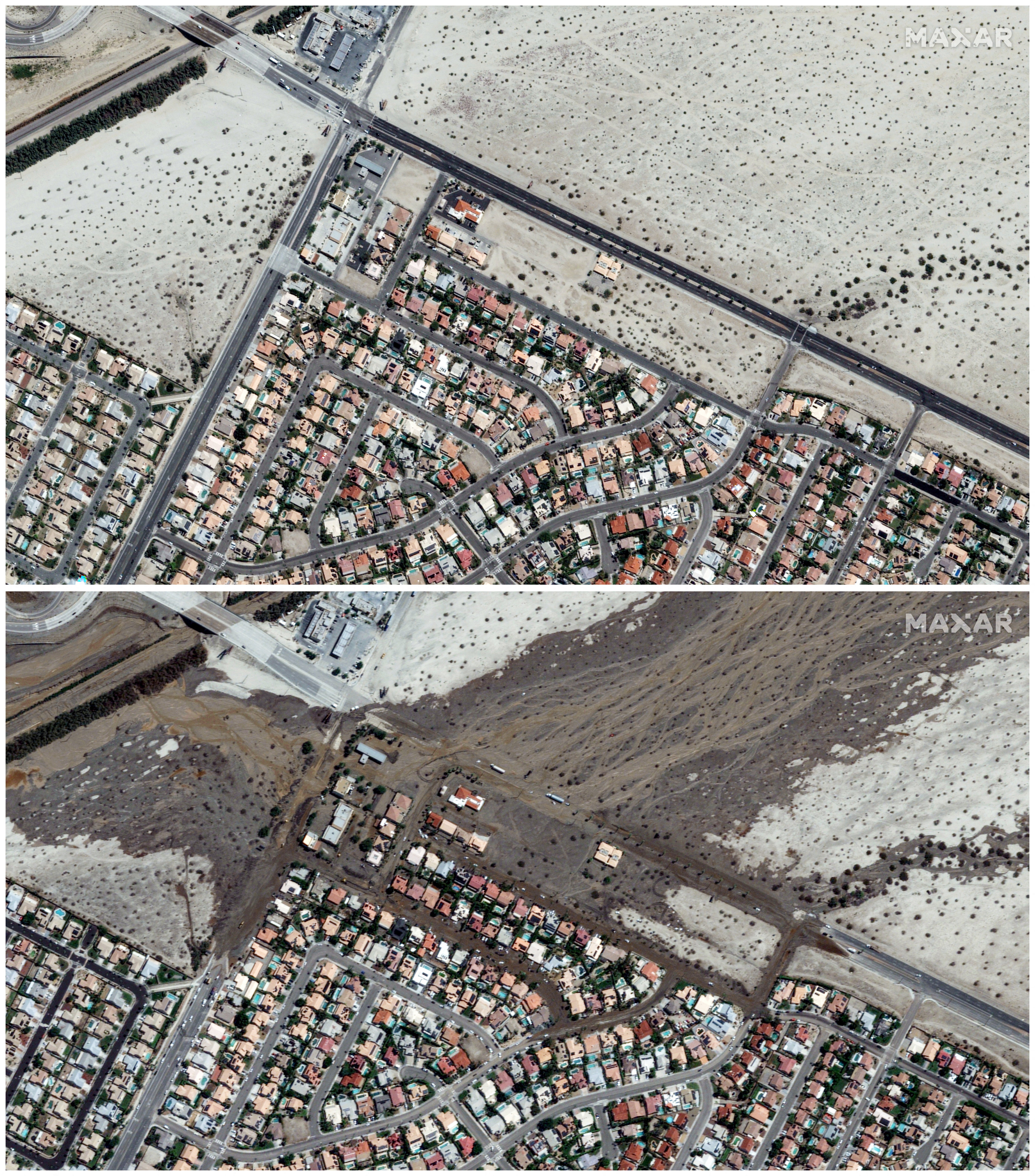 A combination satellite image shows the Cathedral City area before and after flooding caused by Tropical Storm Hilary, in Cathedral City, California, U.S., April 15, 2023 (top) and August 21, 2023 (bottom)