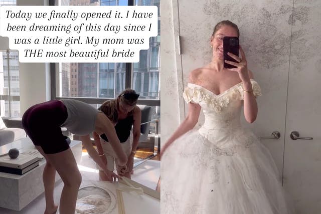 <p>Bride tries on mother’s 30 year old wedding dress </p>