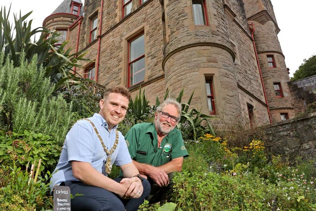 Lord Mayor of Belfast Ryan Murphy (left) pictured alongside chair of the Cave Hill Conservation Campaign Cormac Hamill at Belfast Castle (BCC/PA)