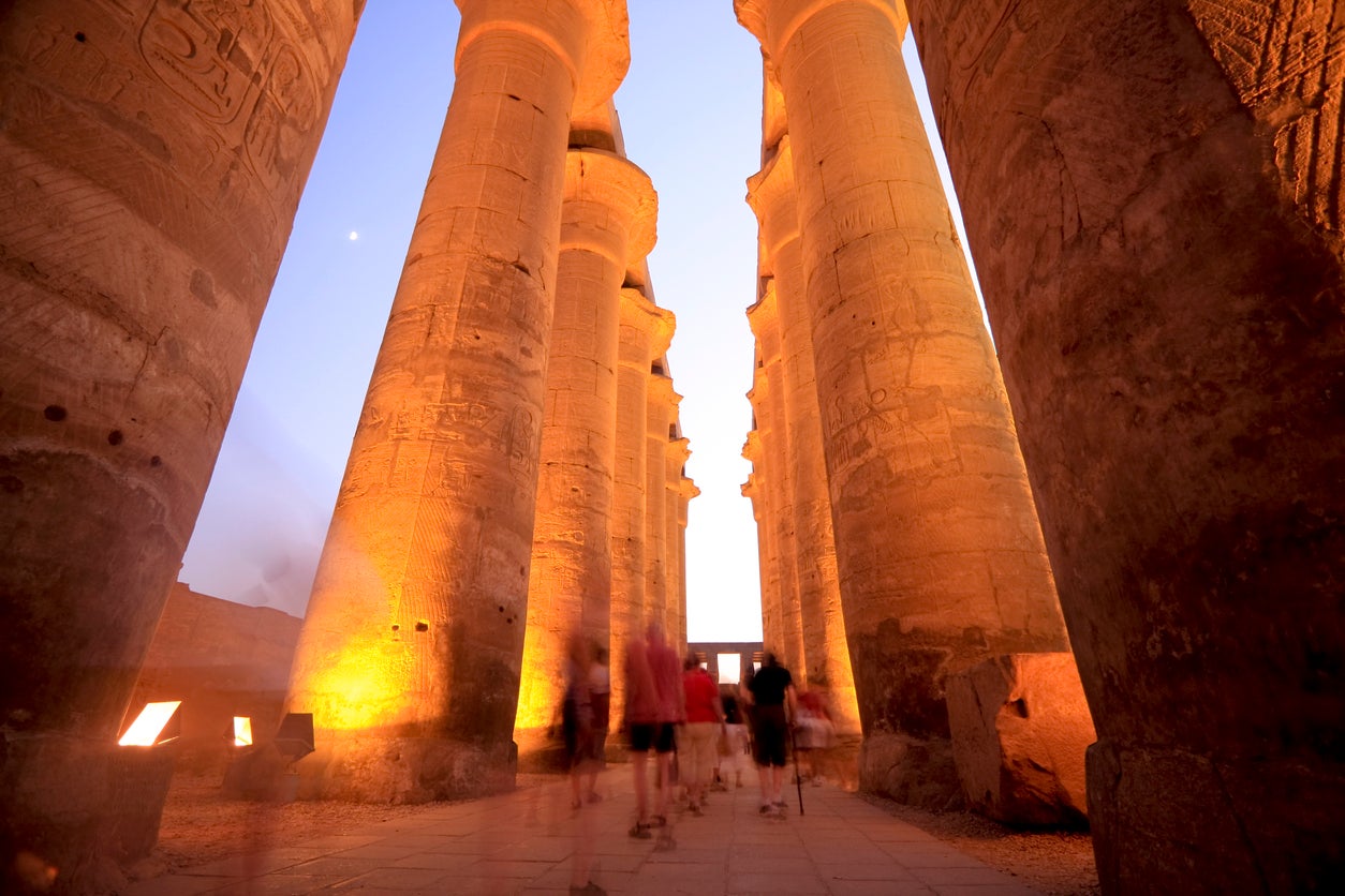 The complex of temples, pylons and obelisks lights up at night